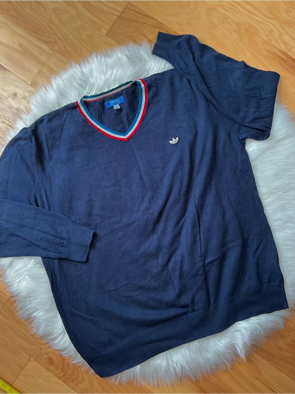 Vintage adidas Navy V‑Neck Cotton Cashmere Sweater with Red and Light Blue Trim